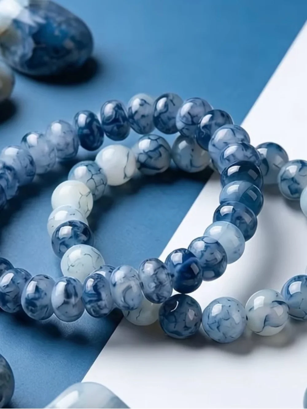 Blue Marbled Stone Bead Stretch Bracelet for Women